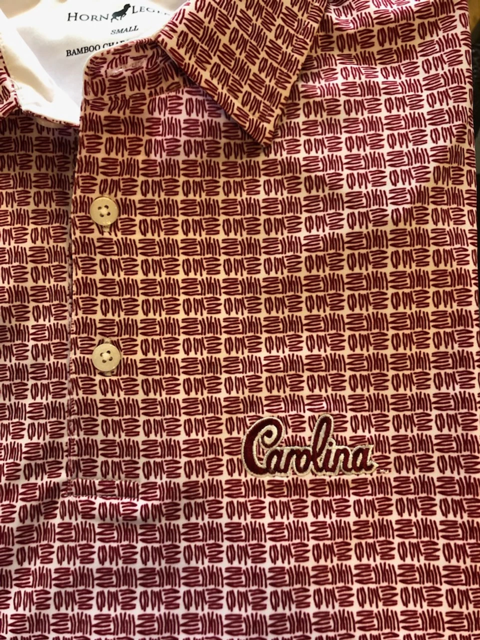Horn Legend Crosshatch Print South Carolina Polo: Carolina Script Logo 2 Horn Legend Crosshatch Print South Carolina Polo: Carolina Script Logo - Image 2