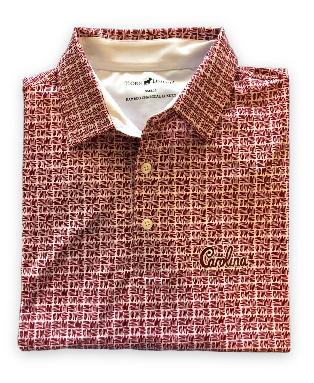 Horn Legend Crosshatch Print South Carolina Polo: Carolina Script Logo 1 Horn Legend Crosshatch Print South Carolina Polo: Carolina Script Logo