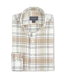 Scott Barber Cotton/Cashmere Neutral Plaid Sport Shirt: Khaki