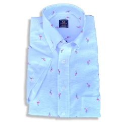 Craig Reagin Flamingo Print Short Sleeve Button Down Seersucker Shirt: White